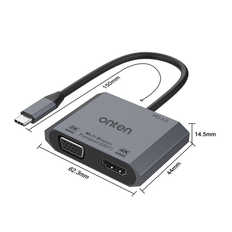 محول فيديو Onten M205 3 في 1 Type-C إلى HDMI+VGA+PD شحن سريع، M205