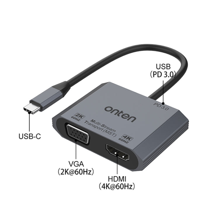 محول فيديو Onten M205 3 في 1 Type-C إلى HDMI+VGA+PD شحن سريع، M205