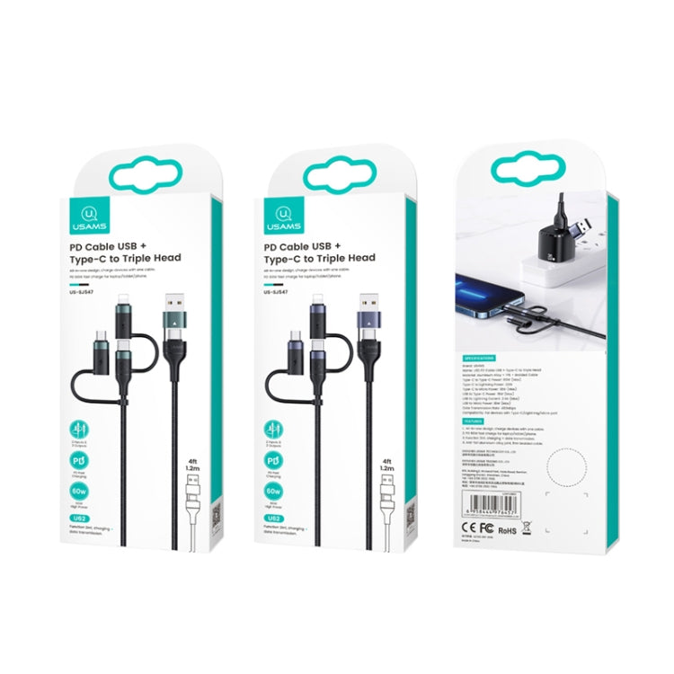 USAMS US-SJ547 U62 كابل بيانات شحن سريع PD من الألمنيوم USB + Type-C / USB-C إلى Type-C / USB-C + 8 دبابيس + ميكرو، الطول: 1.2م