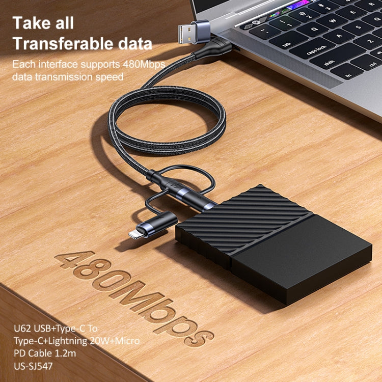 USAMS US-SJ547 U62 كابل بيانات شحن سريع PD من الألمنيوم USB + Type-C / USB-C إلى Type-C / USB-C + 8 دبابيس + ميكرو، الطول: 1.2م
