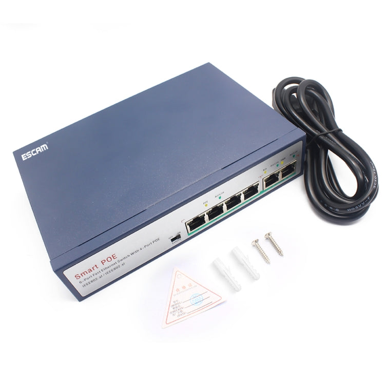 مفتاح إيثرنت ESCAM POE 4+2 بستة منافذ، 4 منافذ POE بسرعة 10/100M بقدرة 120 واط، مفتاح شبكة، مسافة نقل: 150 متر، 6 منافذ