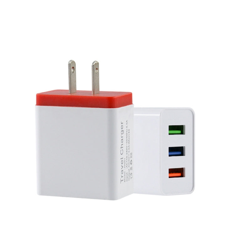 شاحن سفر للهاتف المحمول 2 أمبير مع 3 منافذ USB، قابس الولايات المتحدة، أسود، رمادي، أحمر، برتقالي، أزرق