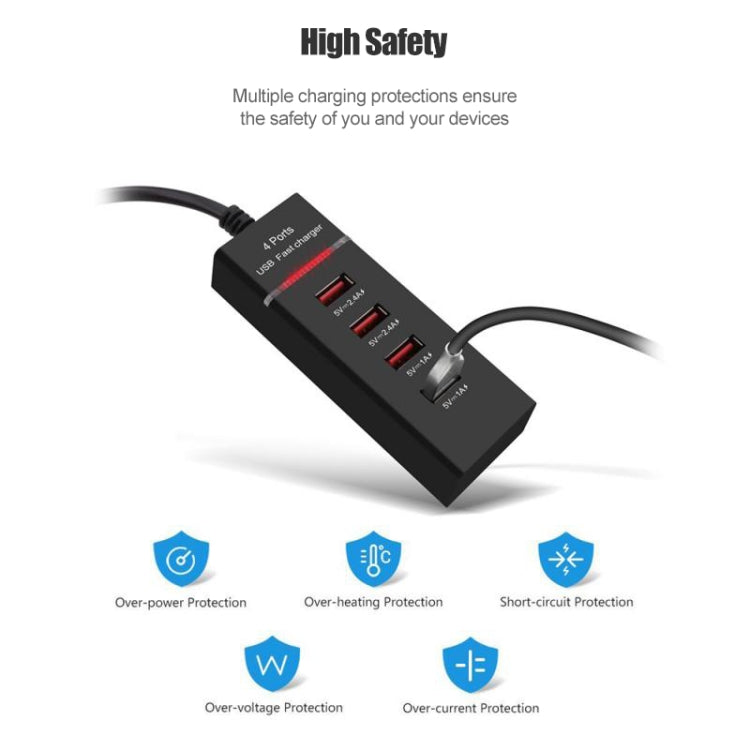 شاحن محول بقدرة 5 فولت 4.1 أمبير مع 4 منافذ USB وكابل توصيل، طول الكابل: 1.5 متر، قابس أوروبي، قابس أوروبي