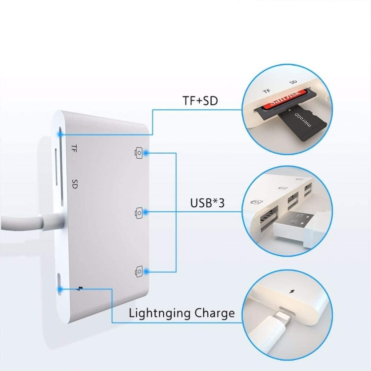 محول قارئ بطاقات كاميرا OTG 6 في 1 مع 3 منافذ USB أنثى إلى 8 دبابيس ذكر مع واجهة شحن SD و TF، يدعم جميع أنظمة iOS