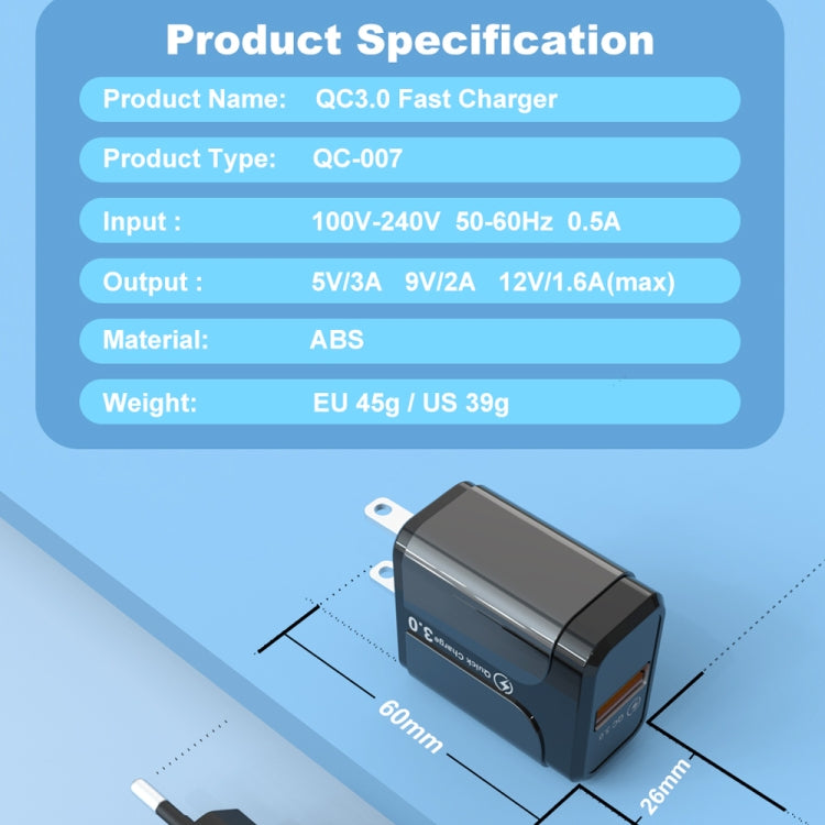 شاحن سريع محمول QC3.0 بقدرة 18 واط بمنفذ USB، قابس الولايات المتحدة، قابس الولايات المتحدة