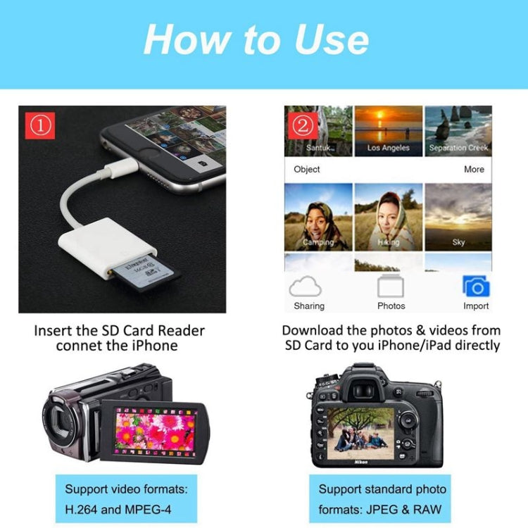 محول قارئ بطاقات كاميرا من 8 دبابيس إلى بطاقة SD، يدعم جميع أنظمة iOS، مع فتحة بطاقة SD ZS-KL21810