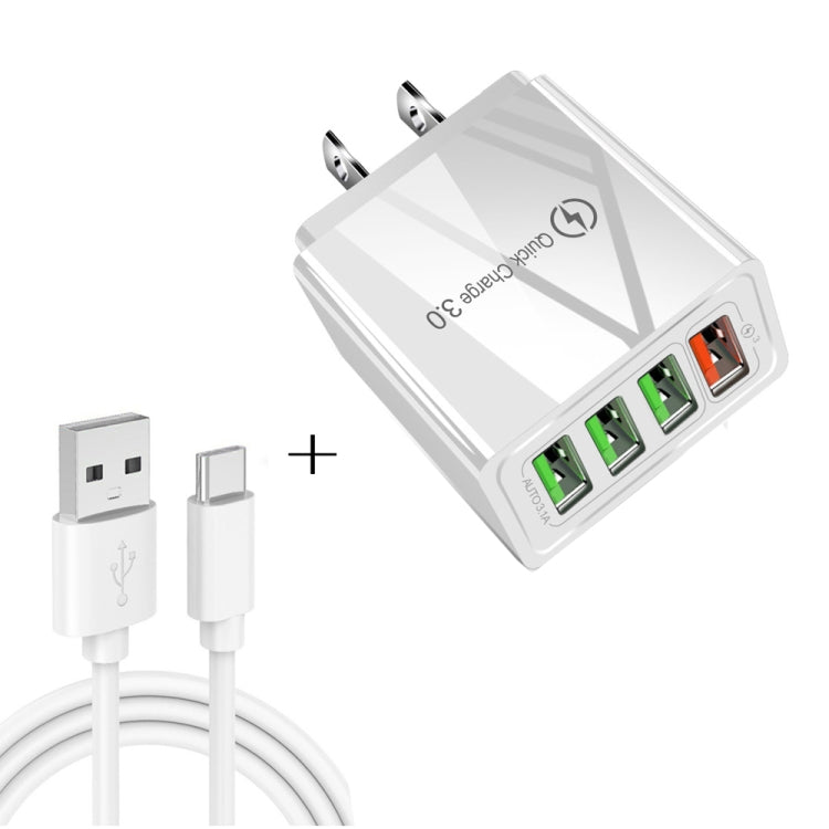 مجموعة شاحن سفر 2 في 1 كابل بيانات USB إلى USB-C / Type-C + شاحن سريع عالمي 30 واط QC 3.0 مع 4 منافذ USB للهواتف المحمولة والأجهزة اللوحية والكمبيوتر، قابس الولايات المتحدة، مجموعة USB-C / Type-C قابس الولايات المتحدة