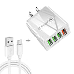 مجموعة شاحن سفر 2 في 1 كابل بيانات USB إلى USB-C / Type-C + شاحن سريع عالمي 30 واط QC 3.0 مع 4 منافذ USB للهواتف المحمولة والأجهزة اللوحية والكمبيوتر، قابس الولايات المتحدة، مجموعة USB-C / Type-C قابس الولايات المتحدة
