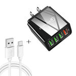 مجموعة شاحن سفر 2 في 1 كابل بيانات USB إلى USB-C / Type-C + شاحن سريع عالمي 30 واط QC 3.0 مع 4 منافذ USB للهواتف المحمولة والأجهزة اللوحية والكمبيوتر، قابس الولايات المتحدة، مجموعة USB-C / Type-C قابس الولايات المتحدة