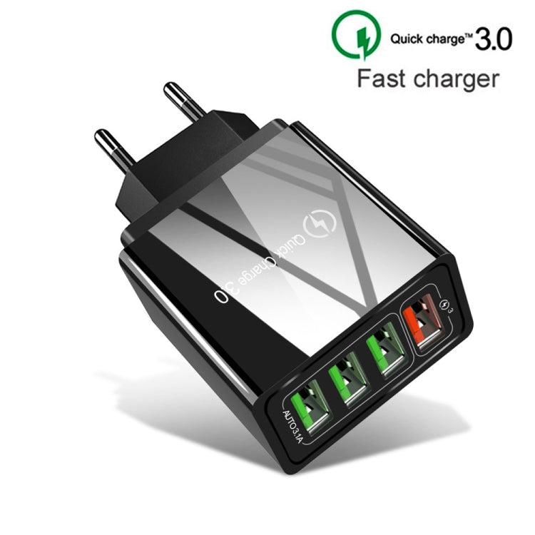 كابل بيانات 2 في 1 من USB إلى USB-C / Type-C + شاحن سريع عالمي 30 واط QC 3.0 مع 4 منافذ USB لهواتف المحمول والأجهزة اللوحية وأجهزة الكمبيوتر، مجموعة شاحن سفر، قابس الاتحاد الأوروبي، مجموعة USB-C / Type-C قابس الاتحاد الأوروبي