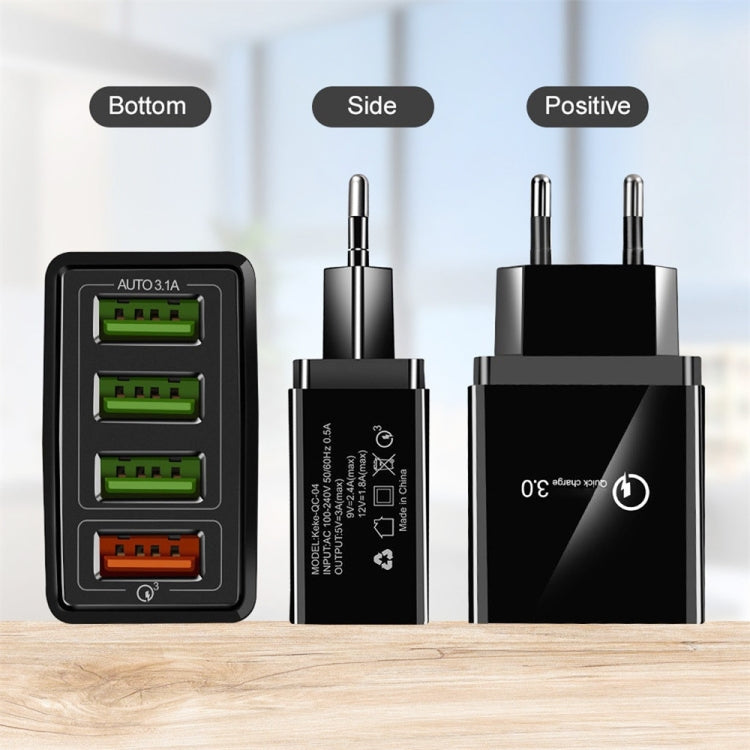 كابل بيانات 2 في 1 من USB إلى USB-C / Type-C + شاحن سريع عالمي 30 واط QC 3.0 مع 4 منافذ USB لهواتف المحمول والأجهزة اللوحية وأجهزة الكمبيوتر، مجموعة شاحن سفر، قابس الاتحاد الأوروبي، مجموعة USB-C / Type-C قابس الاتحاد الأوروبي