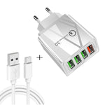 كابل بيانات 2 في 1 من USB إلى USB-C / Type-C + شاحن سريع عالمي 30 واط QC 3.0 مع 4 منافذ USB لهواتف المحمول والأجهزة اللوحية وأجهزة الكمبيوتر، مجموعة شاحن سفر، قابس الاتحاد الأوروبي، مجموعة USB-C / Type-C قابس الاتحاد الأوروبي