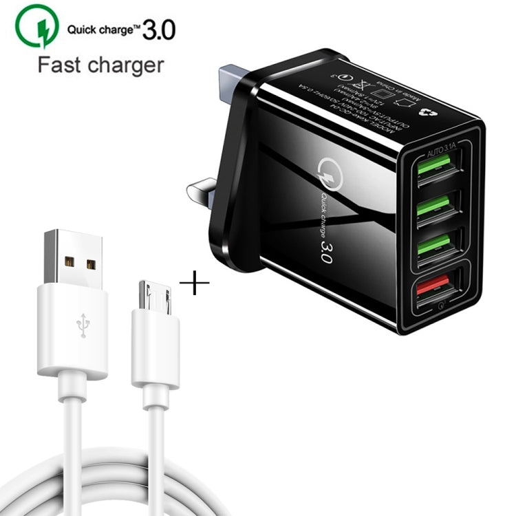 كابل بيانات 2 في 1 بطول 1 متر من USB إلى Micro USB + شاحن سريع عالمي 30 واط QC 3.0 مع 4 منافذ USB لهواتف المحمول والأجهزة اللوحية وأجهزة الكمبيوتر، مجموعة شاحن سفر، قابس المملكة المتحدة، مجموعة Micro USB قابس المملكة المتحدة