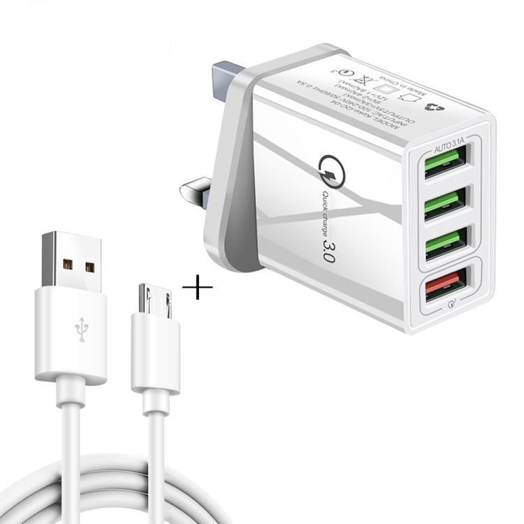 كابل بيانات 2 في 1 بطول 1 متر من USB إلى Micro USB + شاحن سريع عالمي 30 واط QC 3.0 مع 4 منافذ USB لهواتف المحمول والأجهزة اللوحية وأجهزة الكمبيوتر، مجموعة شاحن سفر، قابس المملكة المتحدة، مجموعة Micro USB قابس المملكة المتحدة