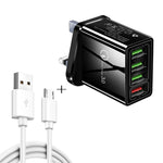 كابل بيانات 2 في 1 بطول 1 متر من USB إلى Micro USB + شاحن سريع عالمي 30 واط QC 3.0 مع 4 منافذ USB لهواتف المحمول والأجهزة اللوحية وأجهزة الكمبيوتر، مجموعة شاحن سفر، قابس المملكة المتحدة، مجموعة Micro USB قابس المملكة المتحدة