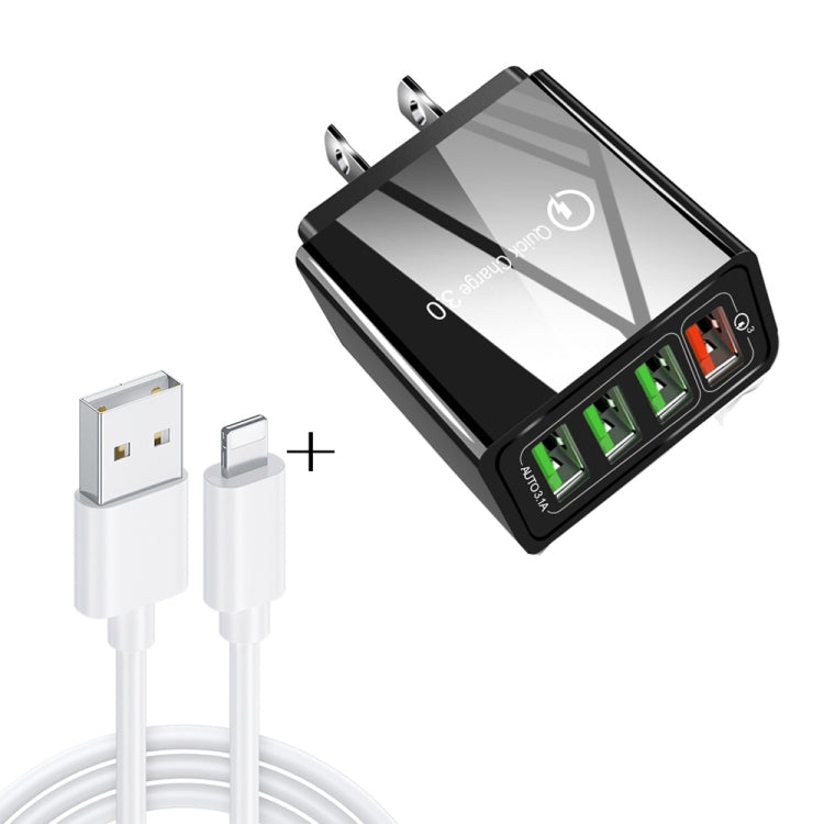 مجموعة شاحن سريع عالمي للسفر 2 في 1، كابل بيانات USB بطول 1 متر إلى 8 دبابيس + شاحن QC 3.0 بقوة 30 واط بأربعة منافذ USB للهواتف المحمولة والأجهزة اللوحية وأجهزة الكمبيوتر، قابس الولايات المتحدة، مجموعة 8 دبابيس قابس الولايات المتحدة
