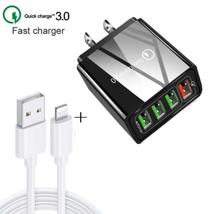 مجموعة شاحن سريع عالمي للسفر 2 في 1، كابل بيانات USB بطول 1 متر إلى 8 دبابيس + شاحن QC 3.0 بقوة 30 واط بأربعة منافذ USB للهواتف المحمولة والأجهزة اللوحية وأجهزة الكمبيوتر، قابس الولايات المتحدة، مجموعة 8 دبابيس قابس الولايات المتحدة