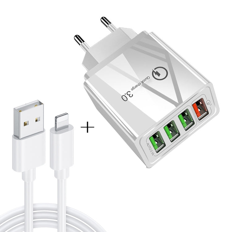 مجموعة شاحن سريع عالمي للسفر 2 في 1، كابل بيانات USB بطول 1 متر إلى 8 دبابيس + شاحن QC 3.0 بقوة 30 واط بأربعة منافذ USB للهواتف المحمولة والأجهزة اللوحية وأجهزة الكمبيوتر، قابس الاتحاد الأوروبي، مجموعة 8 دبابيس قابس الاتحاد الأوروبي