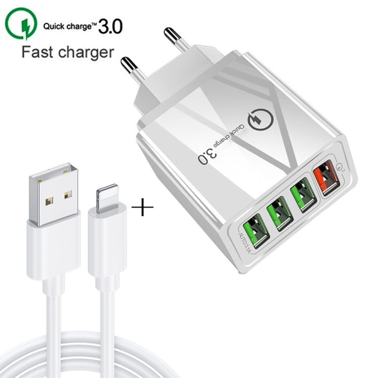 مجموعة شاحن سريع عالمي للسفر 2 في 1، كابل بيانات USB بطول 1 متر إلى 8 دبابيس + شاحن QC 3.0 بقوة 30 واط بأربعة منافذ USB للهواتف المحمولة والأجهزة اللوحية وأجهزة الكمبيوتر، قابس الاتحاد الأوروبي، مجموعة 8 دبابيس قابس الاتحاد الأوروبي