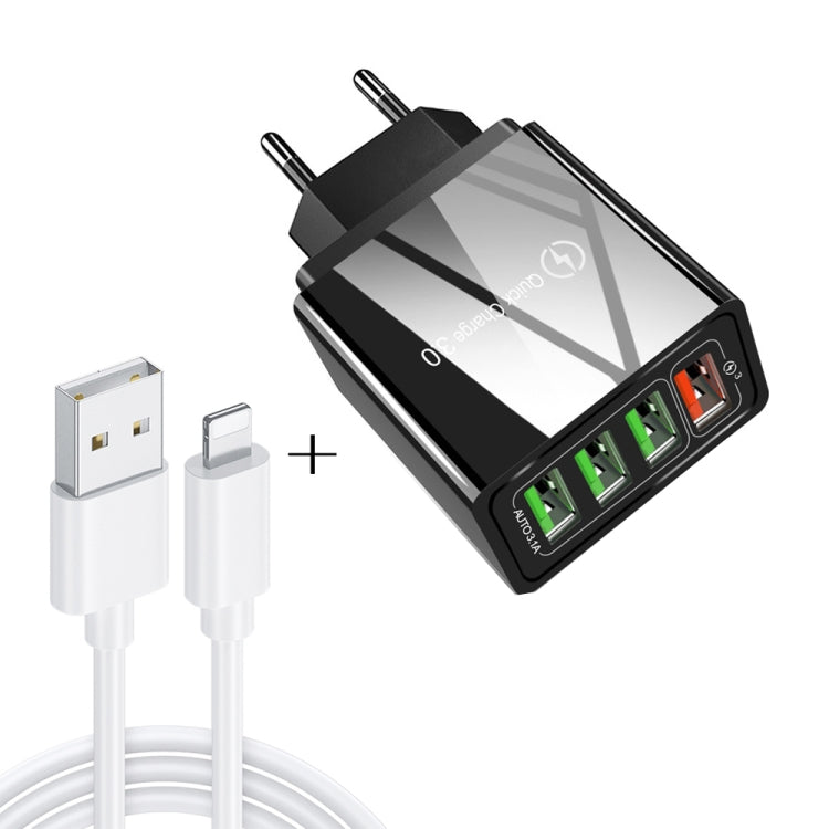 مجموعة شاحن سريع عالمي للسفر 2 في 1، كابل بيانات USB بطول 1 متر إلى 8 دبابيس + شاحن QC 3.0 بقوة 30 واط بأربعة منافذ USB للهواتف المحمولة والأجهزة اللوحية وأجهزة الكمبيوتر، قابس الاتحاد الأوروبي، مجموعة 8 دبابيس قابس الاتحاد الأوروبي