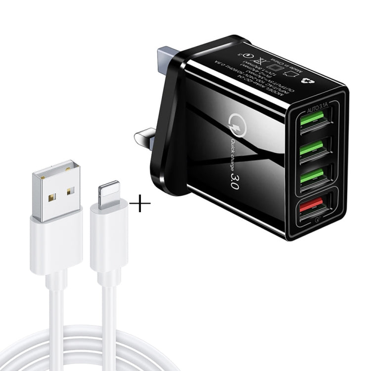 مجموعة شاحن سريع عالمي للسفر 2 في 1، كابل بيانات USB بطول 1 متر إلى 8 دبابيس + شاحن QC 3.0 بقوة 30 واط بأربعة منافذ USB للهواتف المحمولة والأجهزة اللوحية وأجهزة الكمبيوتر، قابس المملكة المتحدة، مجموعة 8 دبابيس قابس المملكة المتحدة