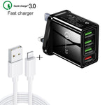 مجموعة شاحن سريع عالمي للسفر 2 في 1، كابل بيانات USB بطول 1 متر إلى 8 دبابيس + شاحن QC 3.0 بقوة 30 واط بأربعة منافذ USB للهواتف المحمولة والأجهزة اللوحية وأجهزة الكمبيوتر، قابس المملكة المتحدة، مجموعة 8 دبابيس قابس المملكة المتحدة