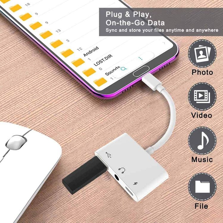 محول USB-C OTG 3 في 1 مع منفذ سماعة رأس 3.5 مم، متوافق مع iPad Pro وهواتف بمنفذ Type-C، 3 في 1