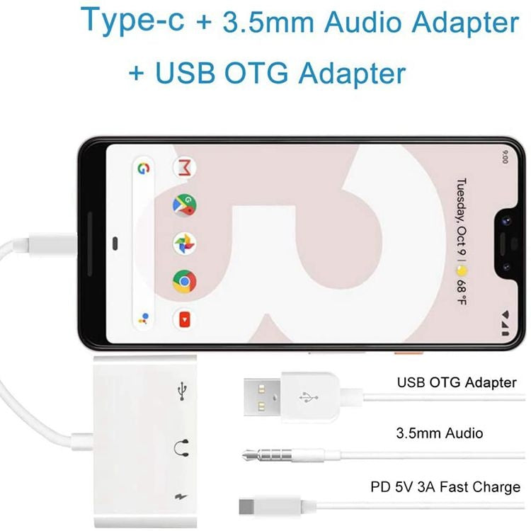 محول USB-C OTG 3 في 1 مع منفذ سماعة رأس 3.5 مم، متوافق مع iPad Pro وهواتف بمنفذ Type-C، 3 في 1