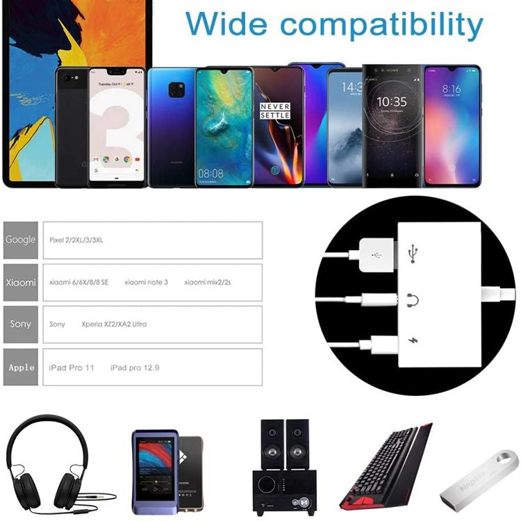 محول USB-C OTG 3 في 1 مع منفذ سماعة رأس 3.5 مم، متوافق مع iPad Pro وهواتف بمنفذ Type-C، 3 في 1