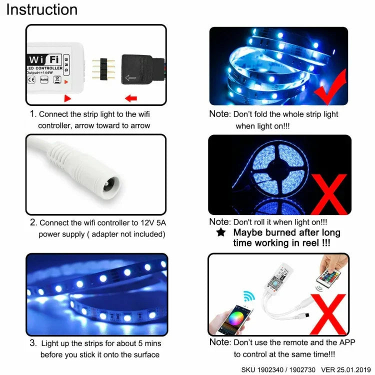 مجموعة شريط إضاءة LED RGB 5050 بطول 5 م مع واي فاي لمجموعة طاقة المنزل الذكي (غير مقاوم للماء)