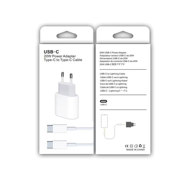 شاحن سفر 2 في 1 بواجهة USB-C / Type-C منفردة بقوة 20 واط + مجموعة كابل بيانات شحن سريع 3A PD3.0 USB-C / Type-C إلى USB-C / Type-C، طول الكابل: 1 متر، قابس الاتحاد الأوروبي، 20 واط 1 متر
