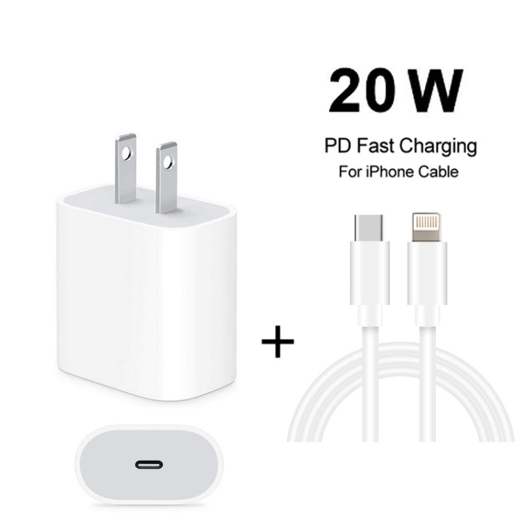 شاحن سفر 2 في 1 بواجهة USB-C / Type-C منفردة بقوة 20 واط + مجموعة كابل بيانات شحن سريع 3A PD3.0 USB-C / Type-C إلى 8 دبابيس، طول الكابل: 1 متر، قابس الولايات المتحدة، 20 واط 1 متر
