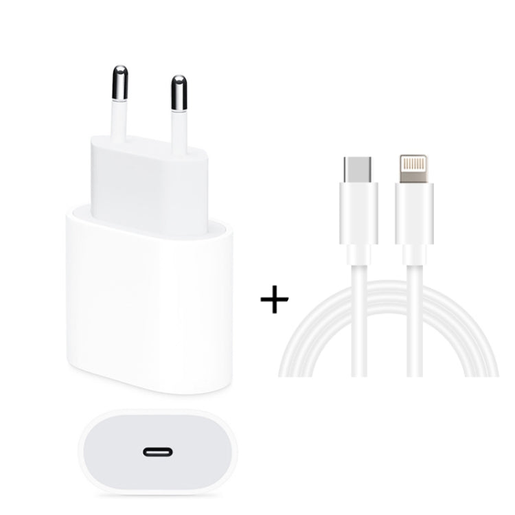 شاحن سفر 2 في 1 بواجهة USB-C / Type-C منفردة بقوة 20 واط + مجموعة كابل بيانات شحن سريع 3A PD3.0 USB-C / Type-C إلى 8 دبابيس، طول الكابل: 2 متر، قابس الاتحاد الأوروبي، 20 واط 2 متر