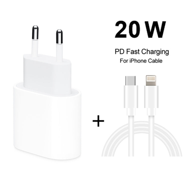 شاحن سفر 2 في 1 بواجهة USB-C / Type-C منفردة بقوة 20 واط + مجموعة كابل بيانات شحن سريع 3A PD3.0 USB-C / Type-C إلى 8 دبابيس، طول الكابل: 2 متر، قابس الاتحاد الأوروبي، 20 واط 2 متر