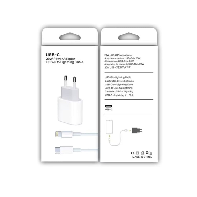 شاحن سفر 2 في 1 بواجهة USB-C / Type-C منفردة بقوة 20 واط + مجموعة كابل بيانات شحن سريع 3A PD3.0 USB-C / Type-C إلى 8 دبابيس، طول الكابل: 2 متر، قابس الاتحاد الأوروبي، 20 واط 2 متر