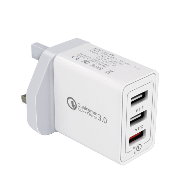 شاحن سريع عالمي SDC-30W بقوة 30 واط مع منفذ USB QC 3.0 + منفذي USB 2.0 بتيار 2.4 أمبير للهواتف المحمولة والأجهزة اللوحية وأجهزة الكمبيوتر، قابس المملكة المتحدة