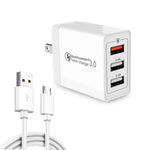 كابل بيانات 2 في 1 USB إلى Micro USB + شاحن سريع عالمي 30 واط QC 3.0 USB + منفذي USB 2.0 بتيار 2.4 أمبير لهواتف المحمول والأجهزة اللوحية وأجهزة الكمبيوتر، مجموعة شاحن سفر، قابس أمريكي، مع كابل Micro USB، قابس أمريكي