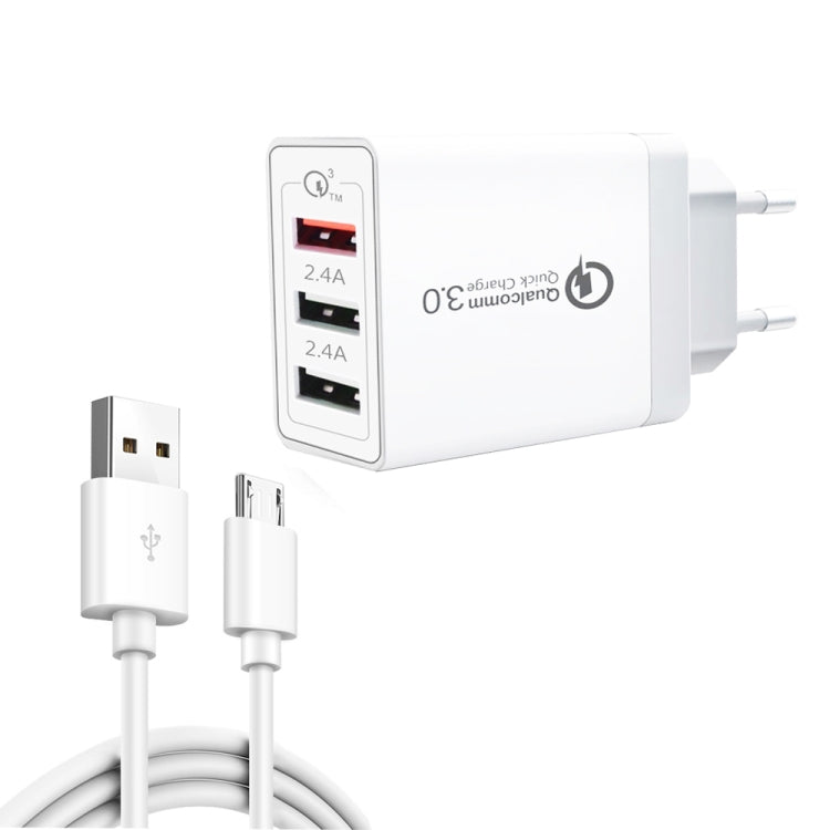كابل بيانات 2 في 1 USB إلى Micro USB + شاحن سريع عالمي 30 واط QC 3.0 USB + منفذي USB 2.0 بتيار 2.4 أمبير لهواتف المحمول والأجهزة اللوحية وأجهزة الكمبيوتر، مجموعة شاحن سفر، قابس أوروبي، مع كابل Micro USB، قابس أوروبي