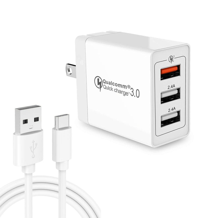 كابل بيانات 2 في 1 USB إلى USB-C / Type-C + شاحن سريع عالمي 30 واط QC 3.0 USB + منفذي USB 2.0 بتيار 2.4 أمبير لهواتف المحمول والأجهزة اللوحية وأجهزة الكمبيوتر، مجموعة شاحن سفر، قابس أمريكي، مع كابل USB-C / Type-C، قابس أمريكي