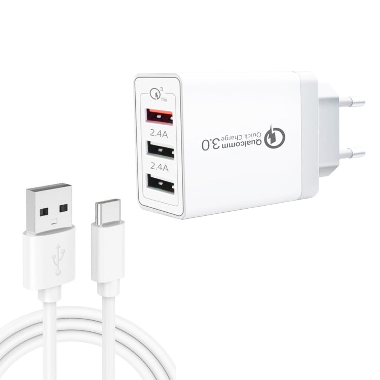 كابل بيانات 2 في 1 USB إلى USB-C / Type-C + شاحن سريع عالمي 30 واط QC 3.0 USB + منفذي USB 2.0 بتيار 2.4 أمبير لهواتف المحمول والأجهزة اللوحية وأجهزة الكمبيوتر، مجموعة شاحن سفر، قابس أوروبي، مع كابل USB-C / Type-C، قابس أوروبي