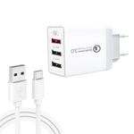 كابل بيانات 2 في 1 USB إلى USB-C / Type-C + شاحن سريع عالمي 30 واط QC 3.0 USB + منفذي USB 2.0 بتيار 2.4 أمبير لهواتف المحمول والأجهزة اللوحية وأجهزة الكمبيوتر، مجموعة شاحن سفر، قابس أوروبي، مع كابل USB-C / Type-C، قابس أوروبي