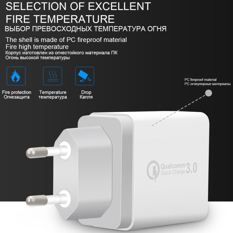 كابل بيانات 2 في 1 USB إلى USB-C / Type-C + شاحن سريع عالمي 30 واط QC 3.0 USB + منفذي USB 2.0 بتيار 2.4 أمبير لهواتف المحمول والأجهزة اللوحية وأجهزة الكمبيوتر، مجموعة شاحن سفر، قابس أوروبي، مع كابل USB-C / Type-C، قابس أوروبي