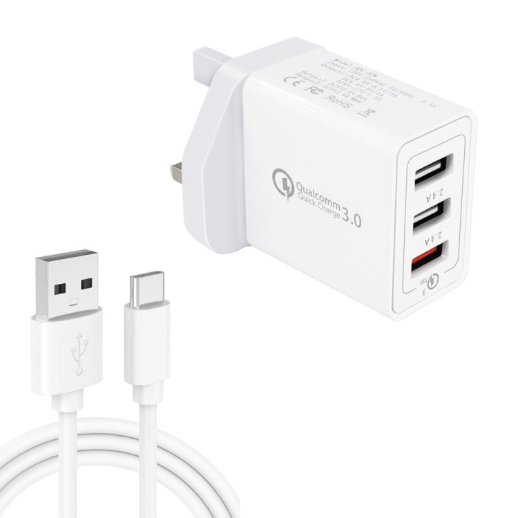 كابل بيانات 2 في 1 USB إلى USB-C / Type-C + شاحن سريع عالمي 30 واط QC 3.0 USB + منفذي USB 2.0 بتيار 2.4 أمبير لهواتف المحمول والأجهزة اللوحية وأجهزة الكمبيوتر، مجموعة شاحن سفر، قابس بريطاني، مع كابل USB-C / Type-C، قابس بريطاني