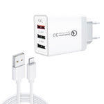 SDC-30W 2 في 1 كابل بيانات USB إلى 8 سنون + شاحن سريع QC 3.0 USB بقوة 30 واط + منفذي USB 2.0 بقوة 2.4 أمبير لشحن الهاتف المحمول والتابلت والكمبيوتر المحمول، شاحن سريع عالمي للسفر، قابس أوروبي، مع كابل 8 سنون، قابس أوروبي