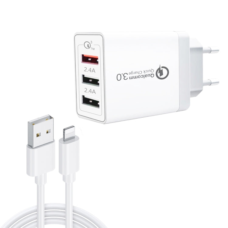 SDC-30W 2 في 1 كابل بيانات USB إلى 8 سنون + شاحن سريع QC 3.0 USB بقوة 30 واط + منفذي USB 2.0 بقوة 2.4 أمبير لشحن الهاتف المحمول والتابلت والكمبيوتر المحمول، شاحن سريع عالمي للسفر، قابس أوروبي، مع كابل 8 سنون، قابس أوروبي