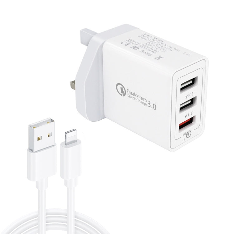 كابل بيانات USB 2 في 1 إلى 8 بن SDC-30W + شاحن سريع 30 واط QC 3.0 USB + منفذي USB 2.0 مزدوجين 2.4A لشحن الهاتف المحمول والتابلت والكمبيوتر المحمول، شاحن سريع عالمي للسفر، قابس المملكة المتحدة، مع كابل 8 بن، قابس المملكة المتحدة