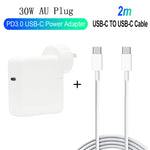شاحن سفر 2 في 1 PD 30 واط USB-C / Type-C + مجموعة كابل بيانات شحن سريع 3A PD 3.0 USB-C / Type-C إلى USB-C / Type-C، طول الكابل: 2م، قابس أستراليا، 2م قابس أستراليا