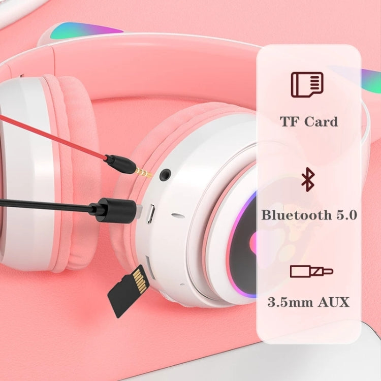 سماعات رأس TN-28 بلوتوث 5.0 بمقبس 3.5 مم اتصال مزدوج RGB بأذن قطة وباس ستيريو مع إلغاء الضوضاء تدعم بطاقة TF مع ميكروفون