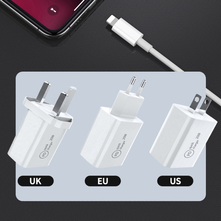 شاحن سفر 2 في 1 SDC-20W PD 20W USB-C / Type-C + مجموعة كابل بيانات شحن سريع 3A PD3.0 USB-C / Type-C إلى 8 دبوس، طول الكابل: 1م، قابس أمريكي، قابس أوروبي، قابس بريطاني