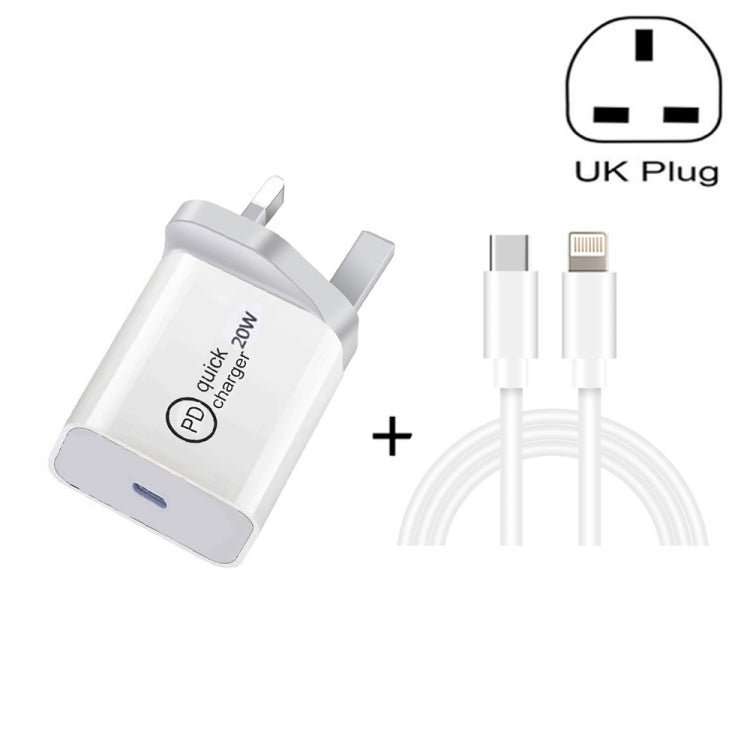 شاحن سفر 2 في 1 SDC-20W PD 20W USB-C / Type-C + مجموعة كابل بيانات شحن سريع 3A PD3.0 USB-C / Type-C إلى 8 دبوس، طول الكابل: 1م، قابس أمريكي، قابس أوروبي، قابس بريطاني
